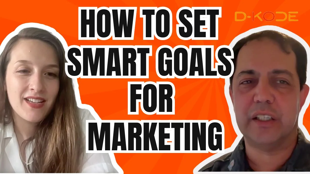 Video thumbnail featuring a smiling woman and a man against an orange background with bold text that reads HOW TO SET SMART GOALS FOR MARKETING