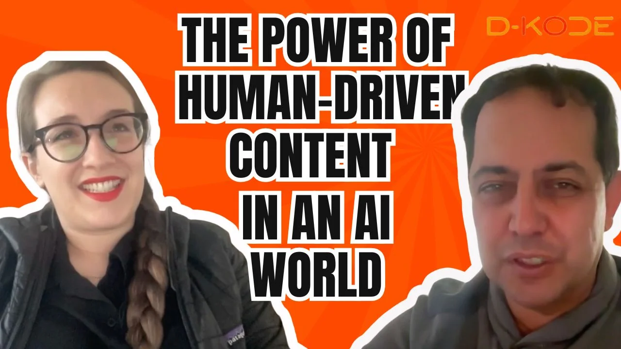 Video thumbnail featuring a smiling woman and a man against an orange background with bold text that reads THE POWER OF HUMAN-DRIVEN CONTENT IN AN AI WORLD